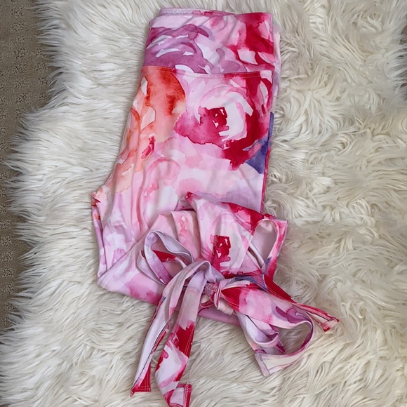 Bright Pink and Purple Yoga Floral Wrap Leg Active Leggings - Picture 2 of 6